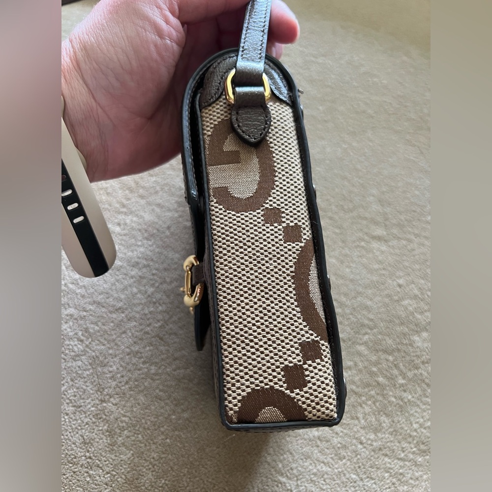 Gucci Jumbo GG Mini Messenger Phone Bag in Logo Canvas Camel Ebony - Picture 6 of 13